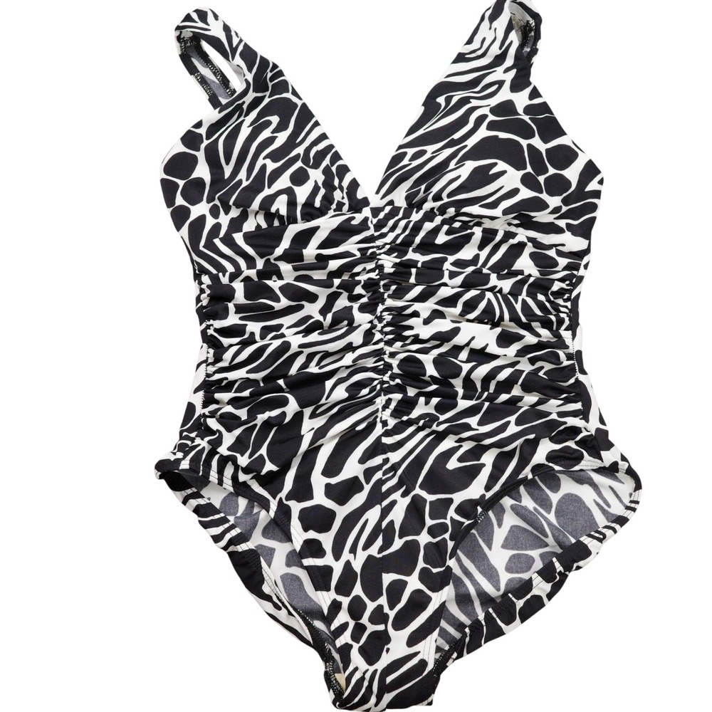 Miraclesuit 1‎ Piece Swimsuit Women 14 Black White 80031  Beach Goddess USA